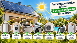 Maison avec panneaux solaires et sept appareils électriques à utiliser en journée pour améliorer l’autoconsommation