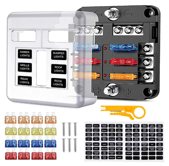 Boîte à fusibles 12 V 6 voies avec bus négatif