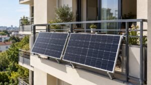 Deux panneaux solaires fixés sur le garde-corps d'un balcon d'immeuble