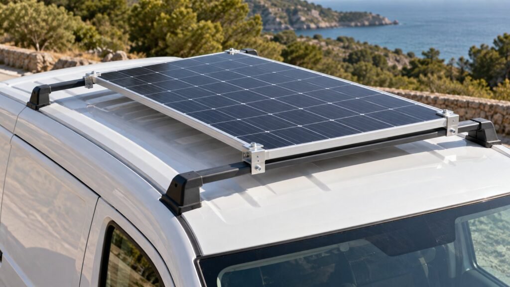 Panneau solaire boulonné sur des barres de toit de fourgon, sans perçage